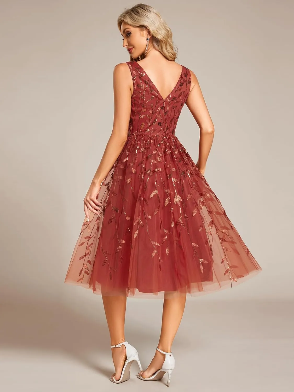 Ever-Pretty Women's A Line V Neck Open Back Sleeveless Ruched Sequin Knee Length Formal Dress 02106