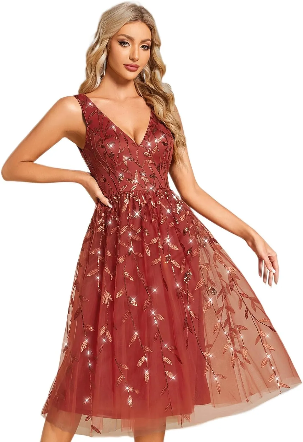 Ever-Pretty Women's A Line V Neck Open Back Sleeveless Ruched Sequin Knee Length Formal Dress 02106