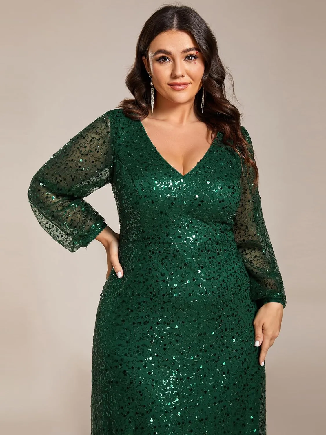 Ever-Pretty Women's A-Line V Neck Sheer Long Sleeves Plus Size Sequin Formal Dress 01999-DA