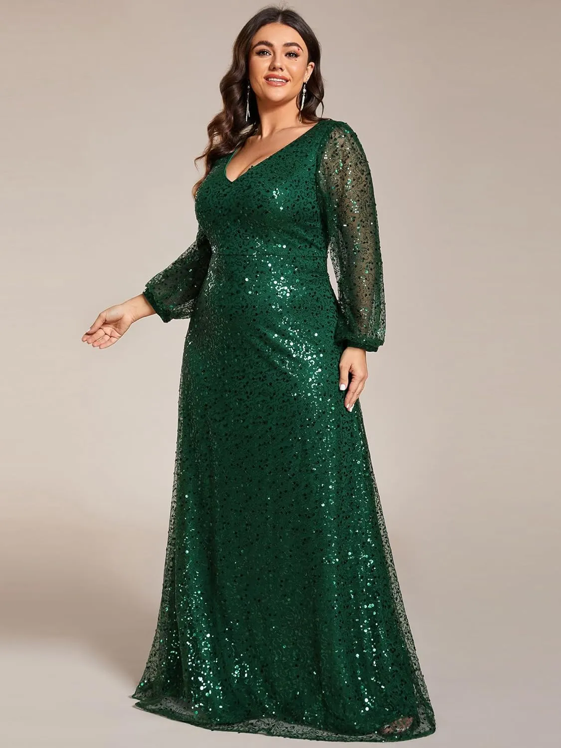 Ever-Pretty Women's A-Line V Neck Sheer Long Sleeves Plus Size Sequin Formal Dress 01999-DA