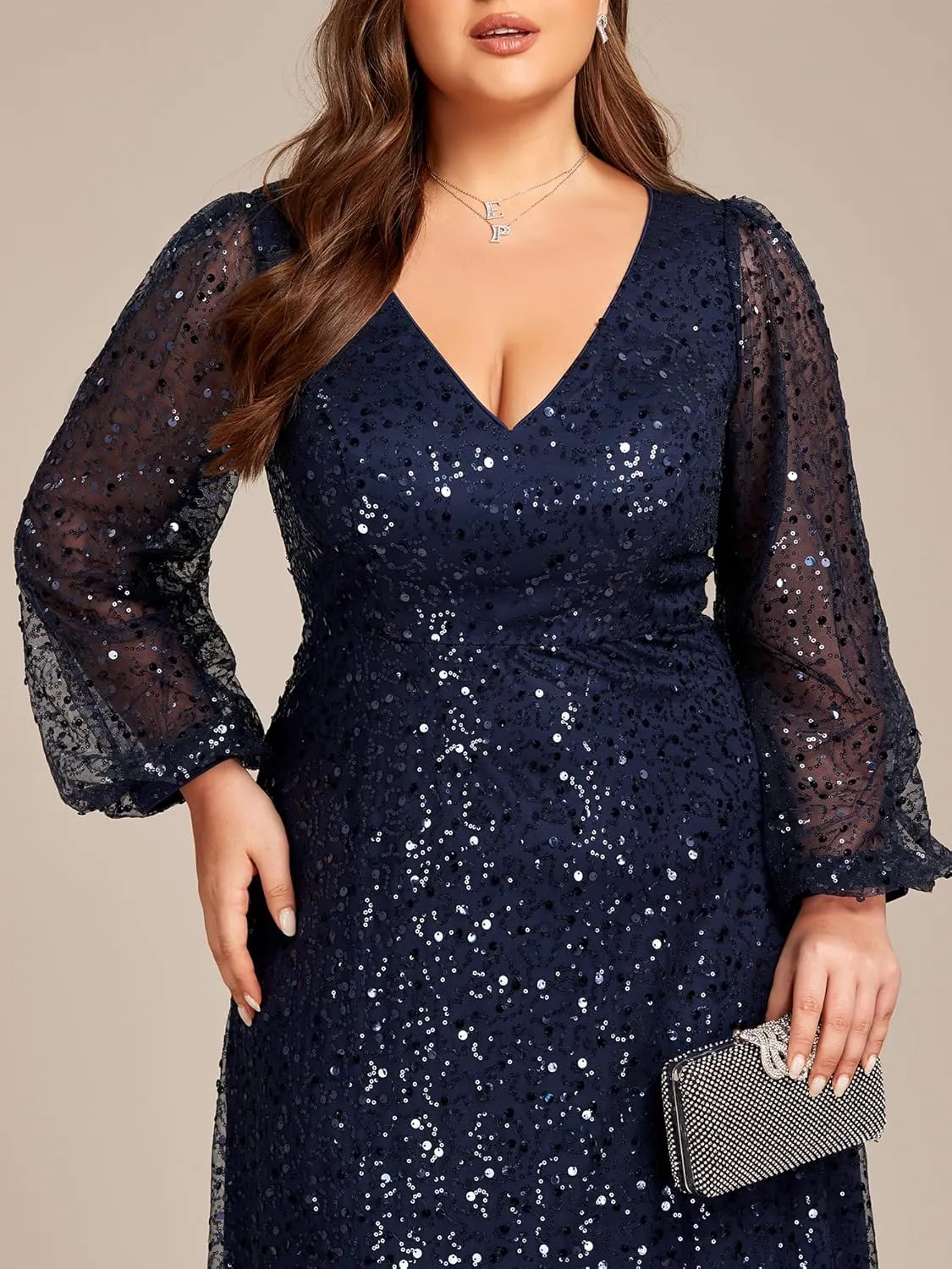 Ever-Pretty Women's A-Line V Neck Sheer Long Sleeves Plus Size Sequin Formal Dress 01999-DA