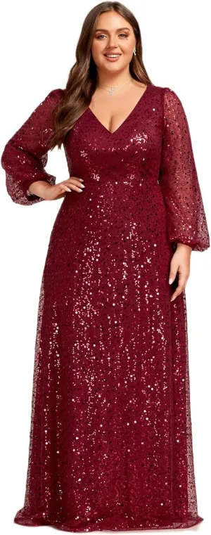 Ever-Pretty Women's A-Line V Neck Sheer Long Sleeves Plus Size Sequin Formal Dress 01999-DA