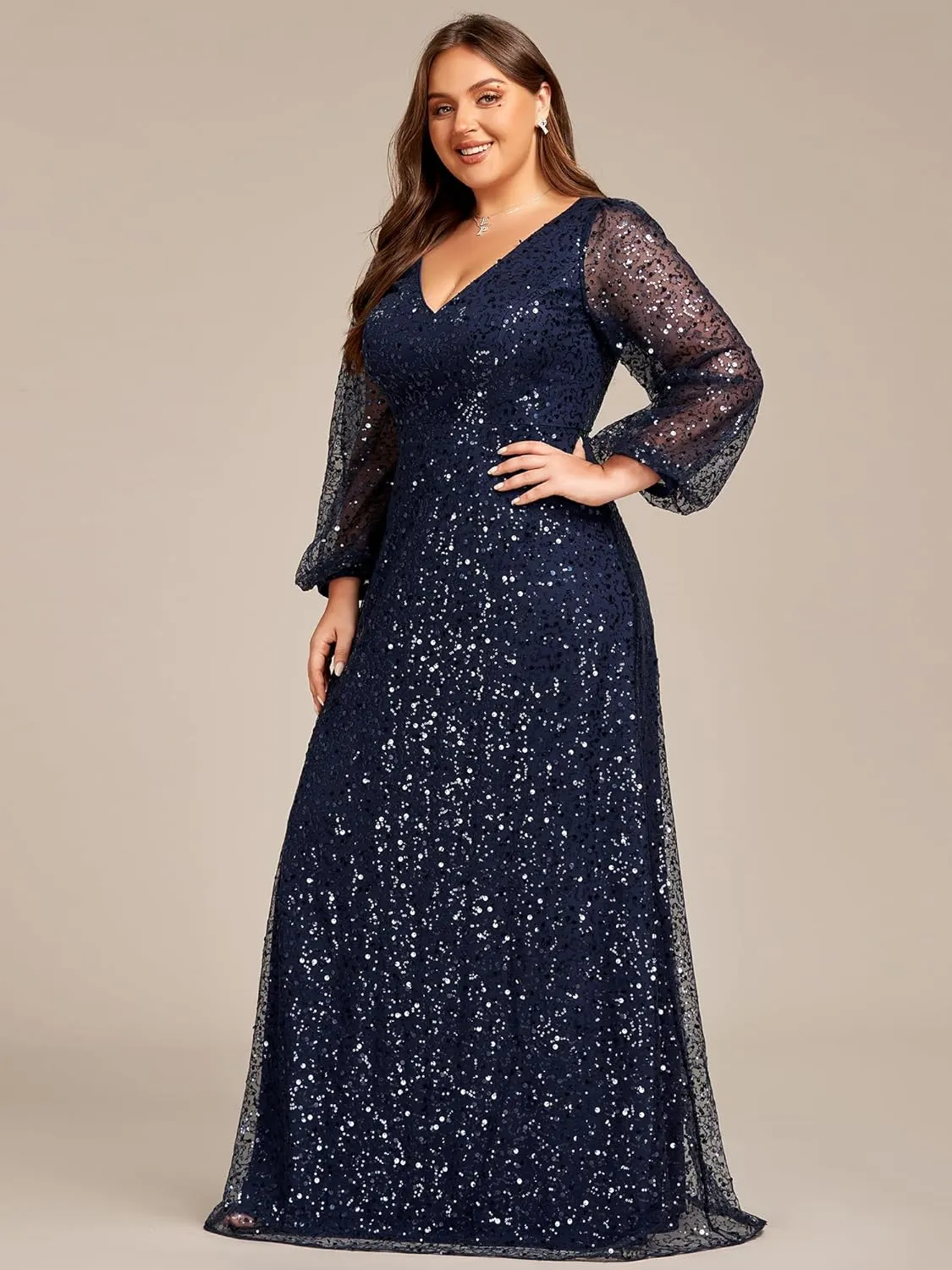 Ever-Pretty Women's A-Line V Neck Sheer Long Sleeves Plus Size Sequin Formal Dress 01999-DA