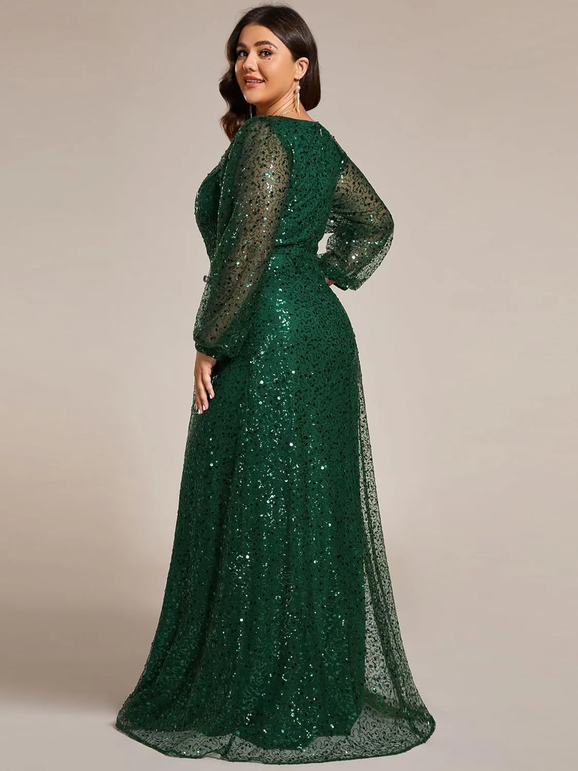 Ever-Pretty Women's A-Line V Neck Sheer Long Sleeves Plus Size Sequin Formal Dress 01999-DA