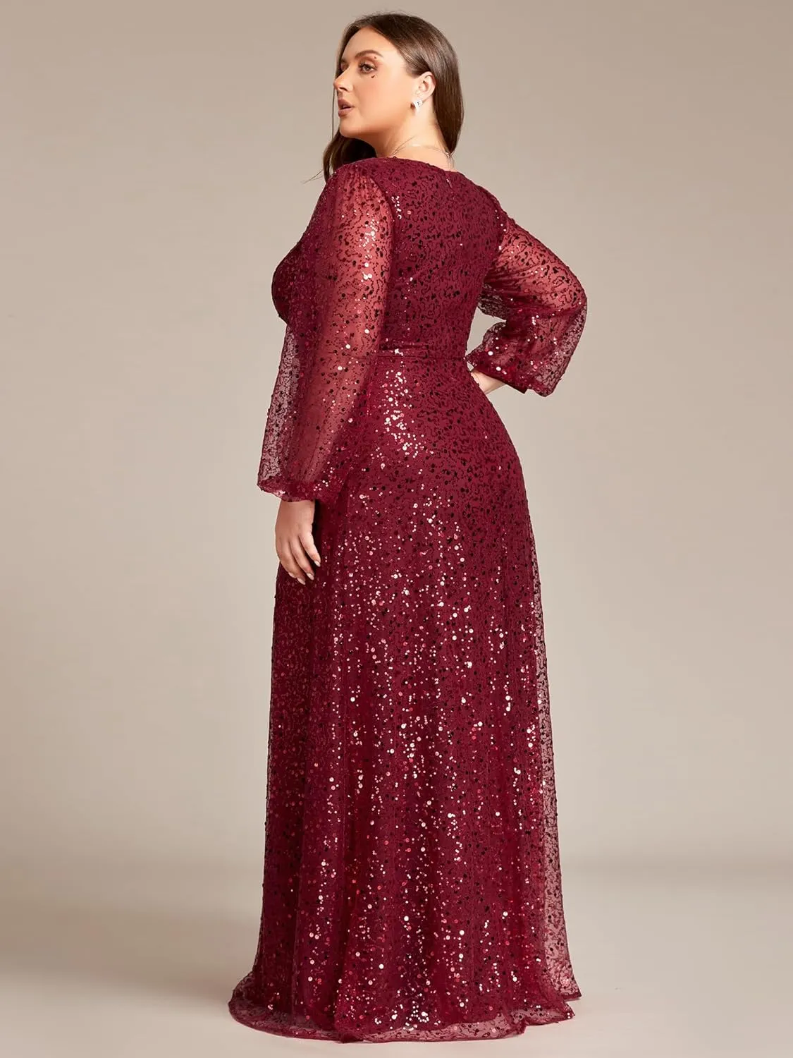 Ever-Pretty Women's A-Line V Neck Sheer Long Sleeves Plus Size Sequin Formal Dress 01999-DA