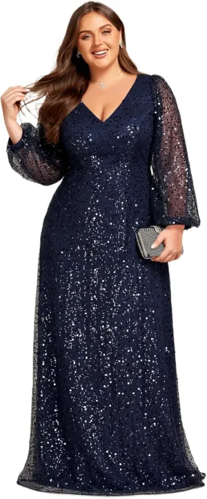 Ever-Pretty Women's A-Line V Neck Sheer Long Sleeves Plus Size Sequin Formal Dress 01999-DA