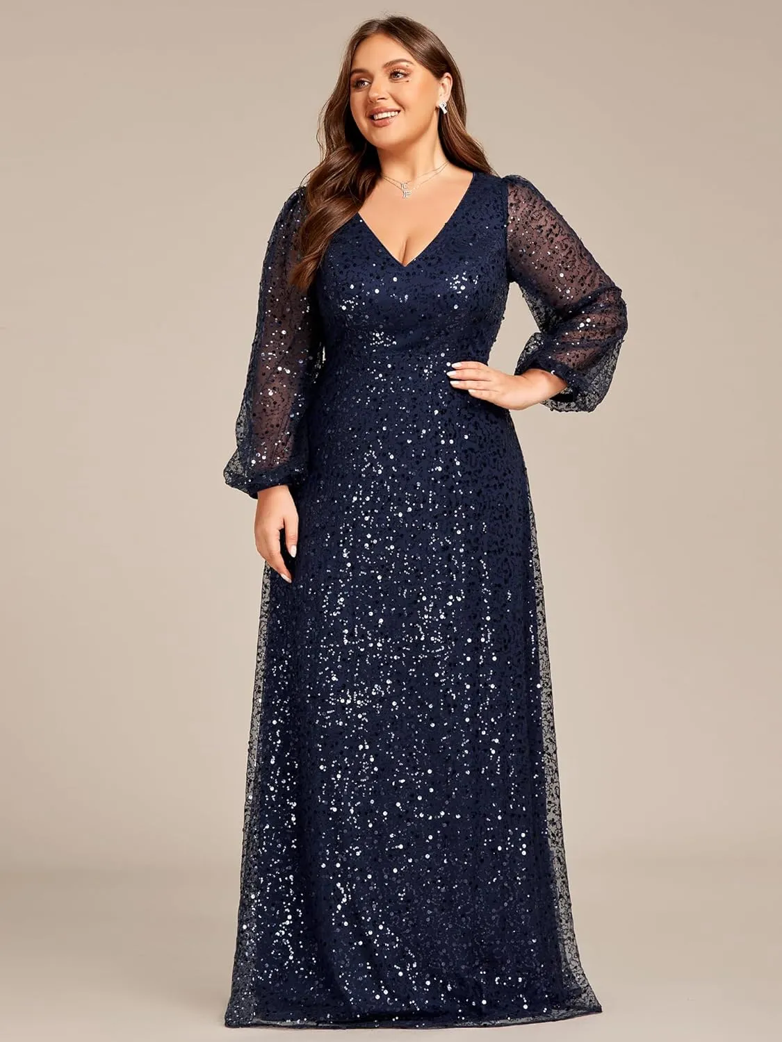 Ever-Pretty Women's A-Line V Neck Sheer Long Sleeves Plus Size Sequin Formal Dress 01999-DA