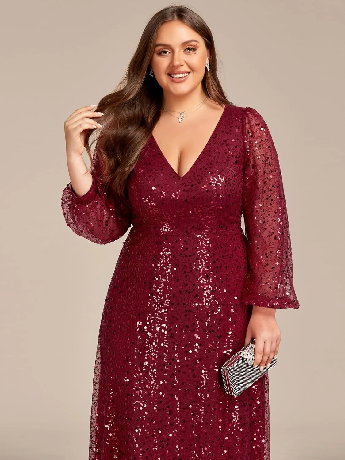 Ever-Pretty Women's A-Line V Neck Sheer Long Sleeves Plus Size Sequin Formal Dress 01999-DA
