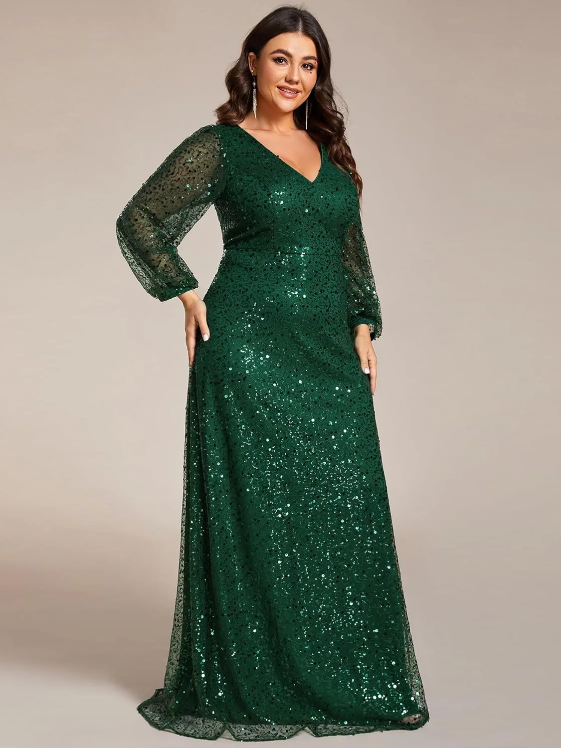 Ever-Pretty Women's A-Line V Neck Sheer Long Sleeves Plus Size Sequin Formal Dress 01999-DA