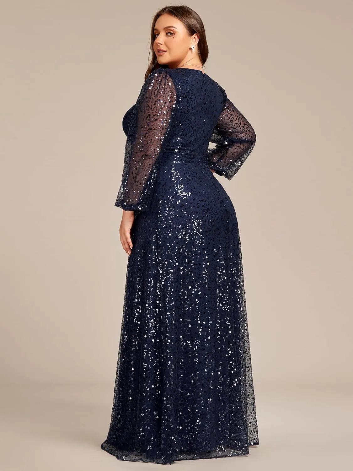 Ever-Pretty Women's A-Line V Neck Sheer Long Sleeves Plus Size Sequin Formal Dress 01999-DA