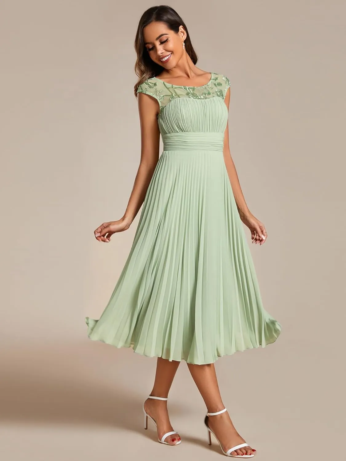 Ever-Pretty Women's Cap Sleeves A Line Crew Neck Embroidery Chiffon Pleated Wedding Guest Dresses 02095
