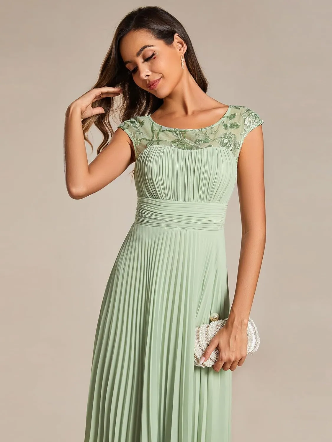 Ever-Pretty Women's Cap Sleeves A Line Crew Neck Embroidery Chiffon Pleated Wedding Guest Dresses 02095