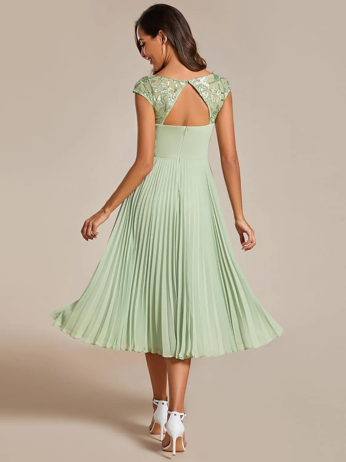 Ever-Pretty Women's Cap Sleeves A Line Crew Neck Embroidery Chiffon Pleated Wedding Guest Dresses 02095
