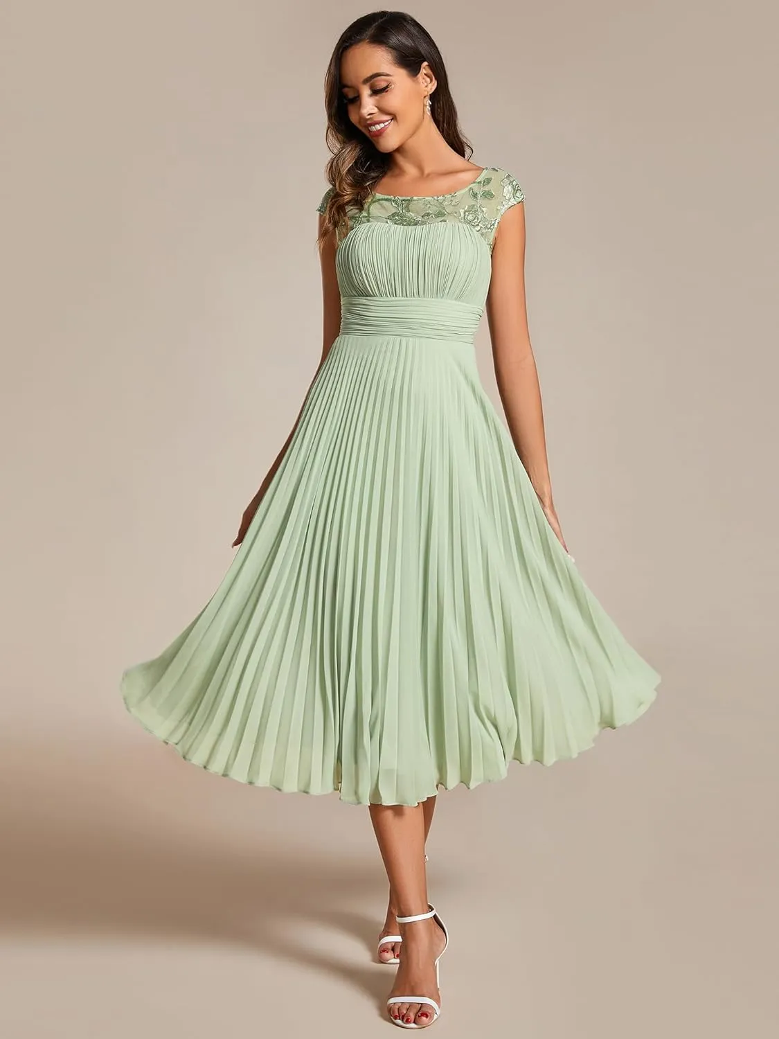 Ever-Pretty Women's Cap Sleeves A Line Crew Neck Embroidery Chiffon Pleated Wedding Guest Dresses 02095