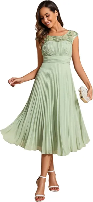 Ever-Pretty Women's Cap Sleeves A Line Crew Neck Embroidery Chiffon Pleated Wedding Guest Dresses 02095