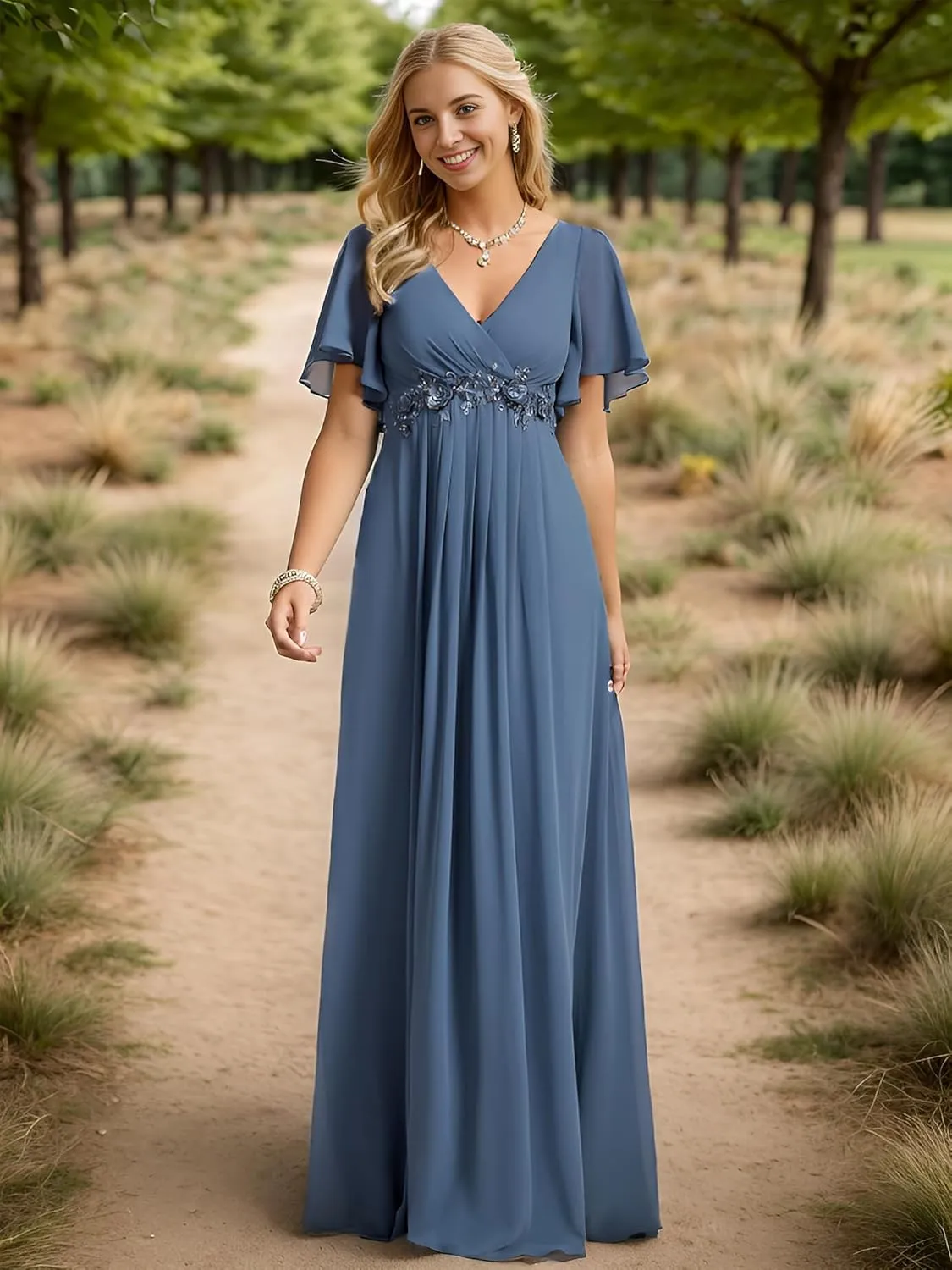 Ever-Pretty Women's Chiffon A-Line Ruched Short Sleeves Applique Waist V Neck Formal Dresses and Evening Gowns