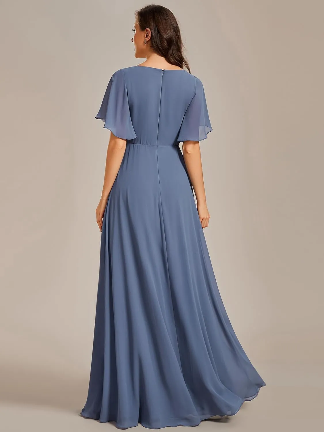 Ever-Pretty Women's Chiffon A-Line Ruched Short Sleeves Applique Waist V Neck Formal Dresses and Evening Gowns