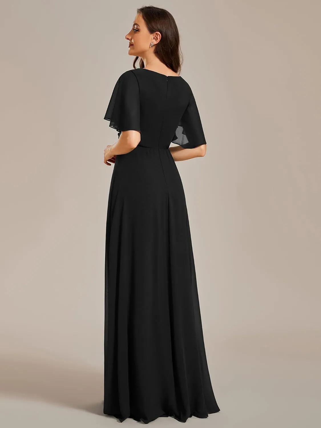 Ever-Pretty Women's Chiffon A-Line Ruched Short Sleeves Applique Waist V Neck Formal Dresses and Evening Gowns