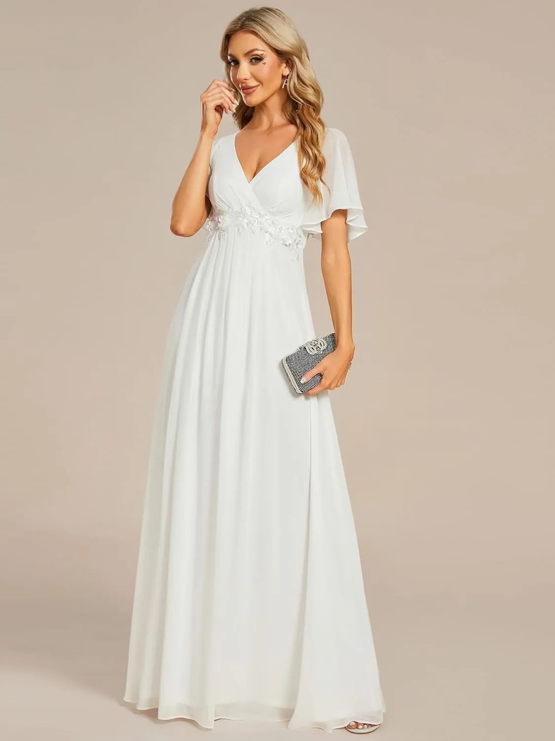 Ever-Pretty Women's Chiffon A-Line Ruched Short Sleeves Applique Waist V Neck Formal Dresses and Evening Gowns