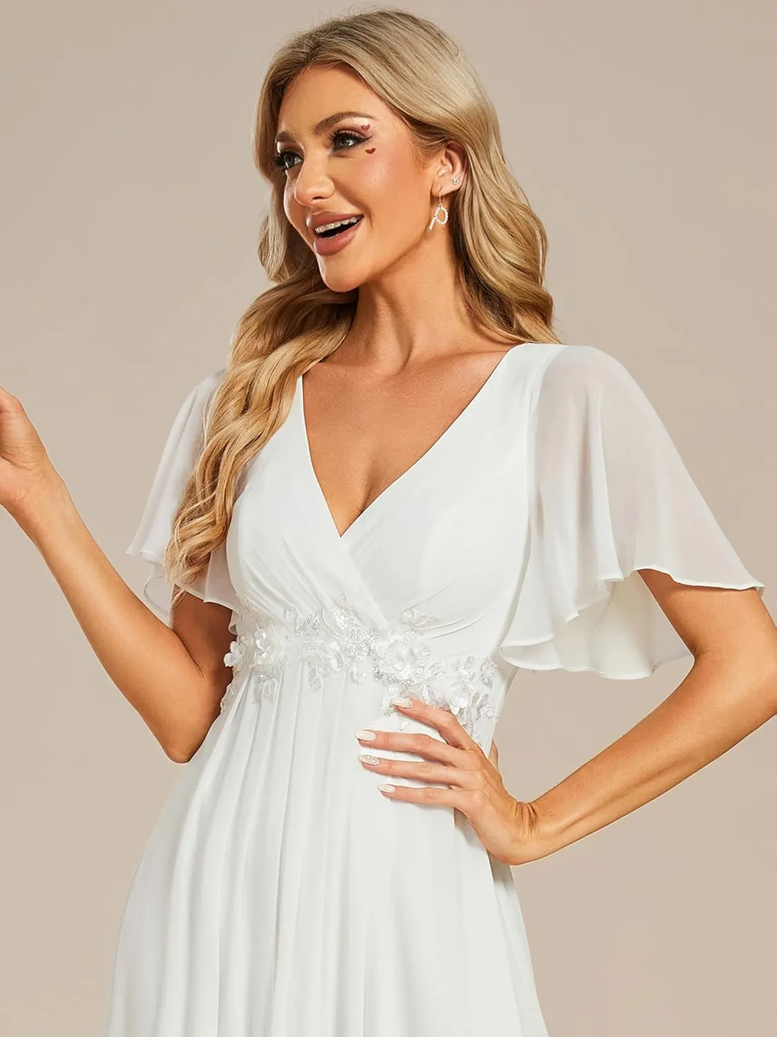 Ever-Pretty Women's Chiffon A-Line Ruched Short Sleeves Applique Waist V Neck Formal Dresses and Evening Gowns