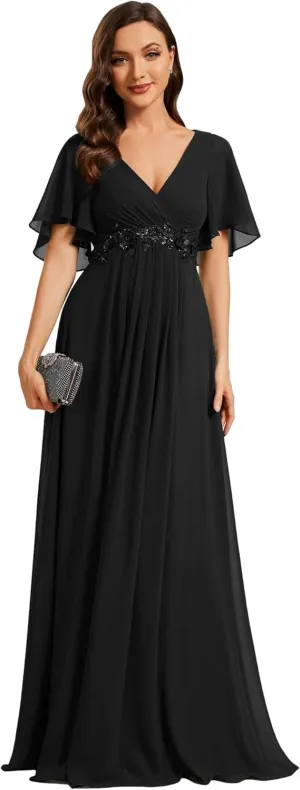 Ever-Pretty Women's Chiffon A-Line Ruched Short Sleeves Applique Waist V Neck Formal Dresses and Evening Gowns
