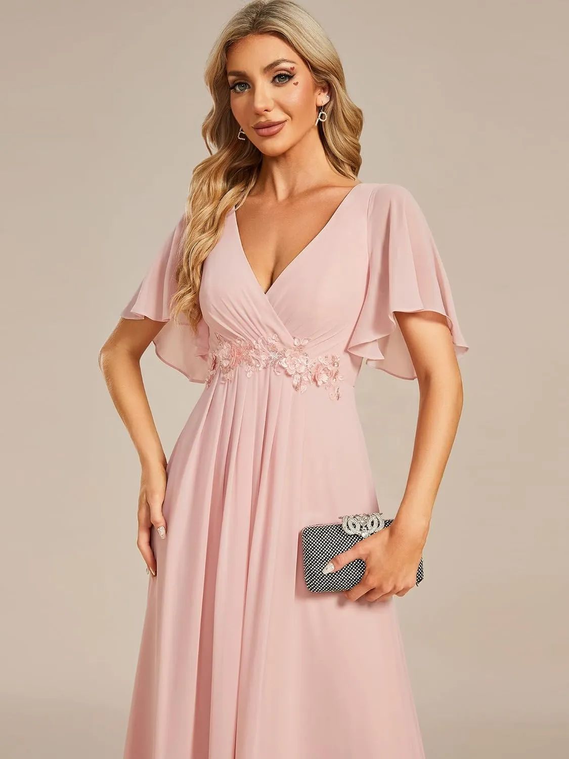 Ever-Pretty Women's Chiffon A-Line Ruched Short Sleeves Applique Waist V Neck Formal Dresses and Evening Gowns