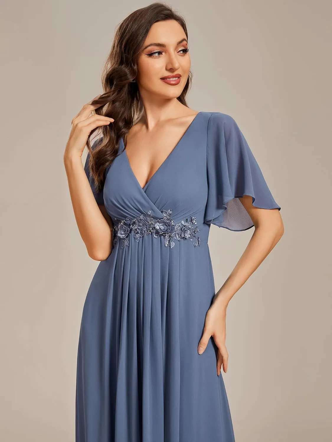 Ever-Pretty Women's Chiffon A-Line Ruched Short Sleeves Applique Waist V Neck Formal Dresses and Evening Gowns