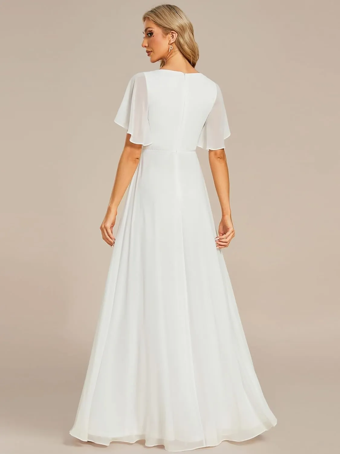 Ever-Pretty Women's Chiffon A-Line Ruched Short Sleeves Applique Waist V Neck Formal Dresses and Evening Gowns