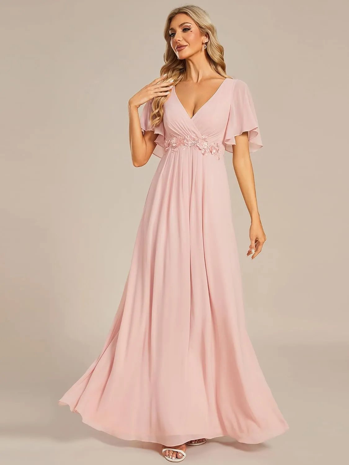 Ever-Pretty Women's Chiffon A-Line Ruched Short Sleeves Applique Waist V Neck Formal Dresses and Evening Gowns