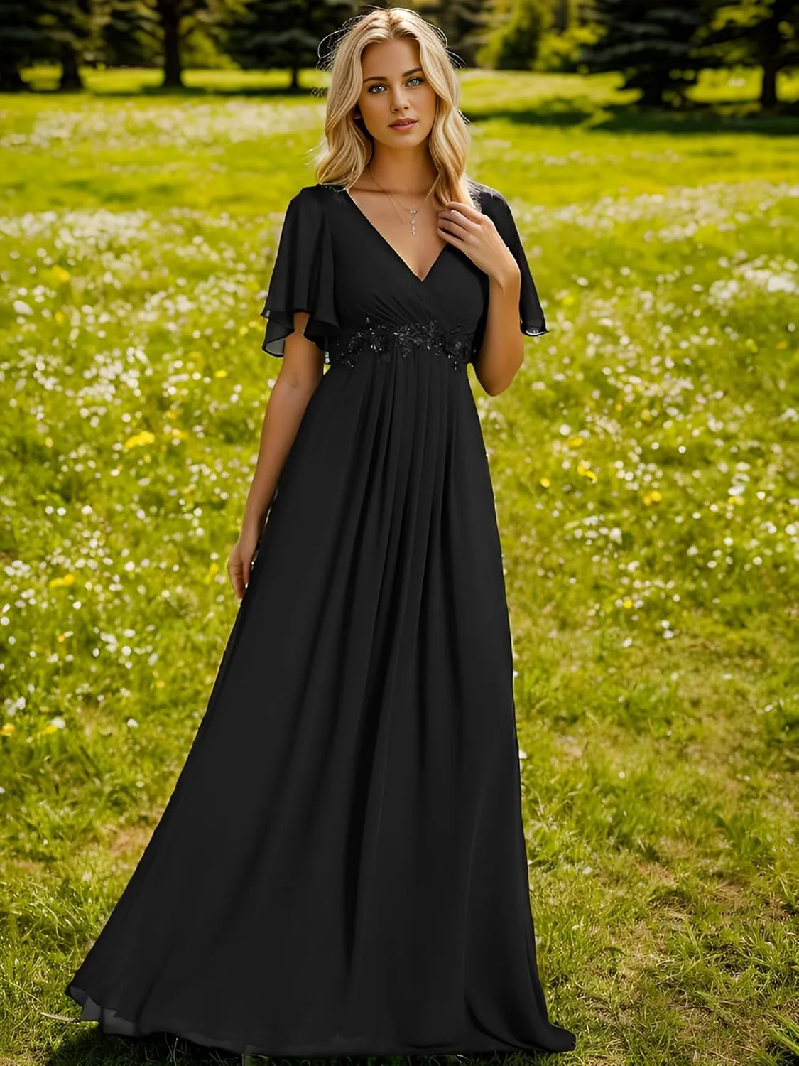 Ever-Pretty Women's Chiffon A-Line Ruched Short Sleeves Applique Waist V Neck Formal Dresses and Evening Gowns