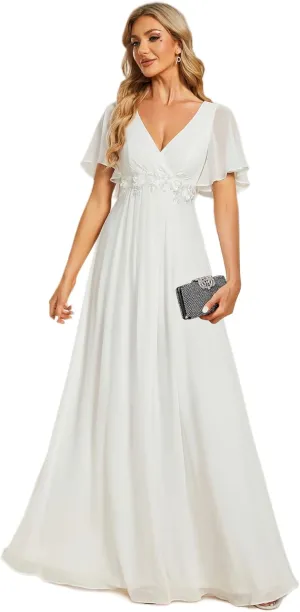 Ever-Pretty Women's Chiffon A-Line Ruched Short Sleeves Applique Waist V Neck Formal Dresses and Evening Gowns