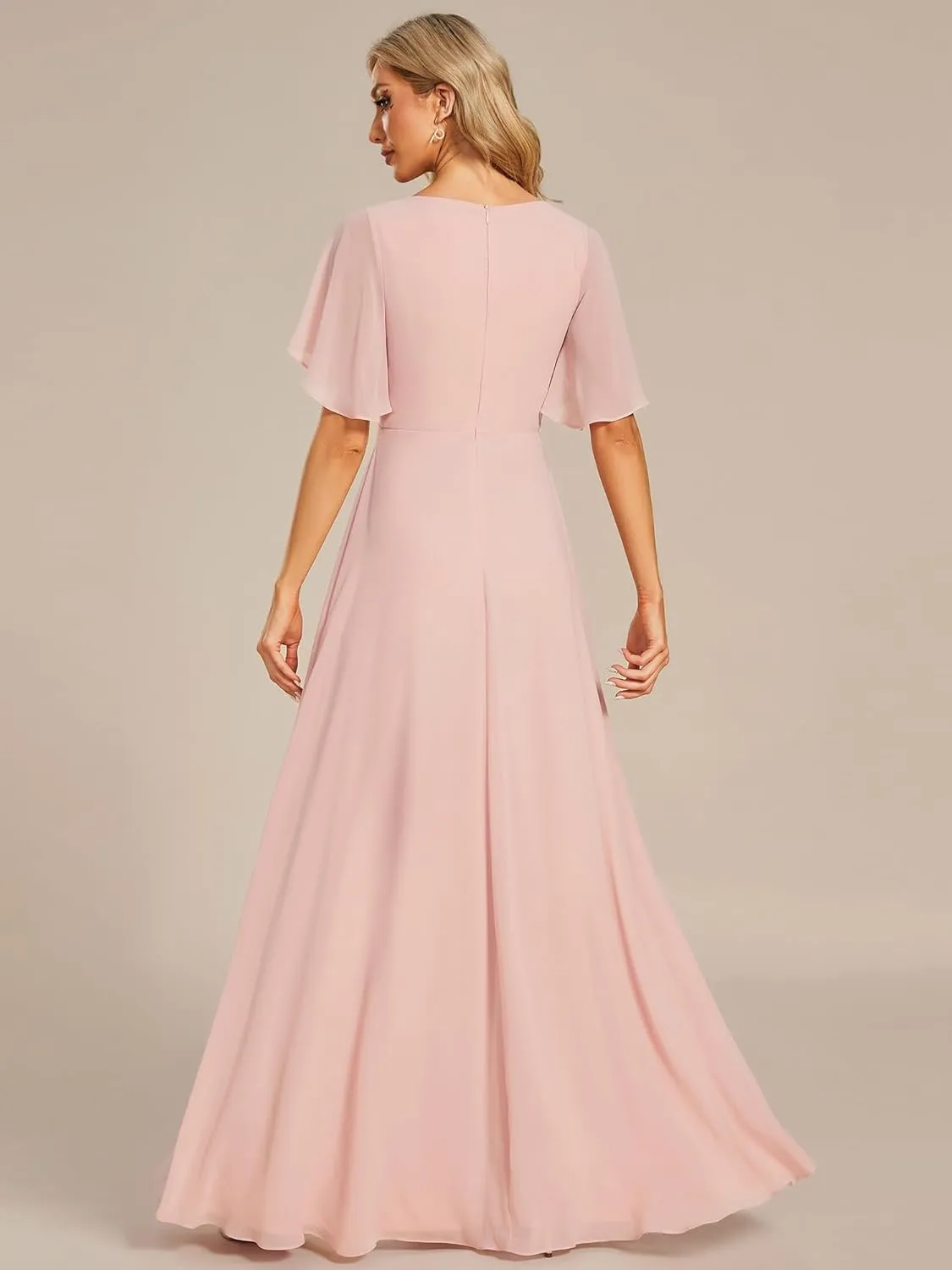 Ever-Pretty Women's Chiffon A-Line Ruched Short Sleeves Applique Waist V Neck Formal Dresses and Evening Gowns