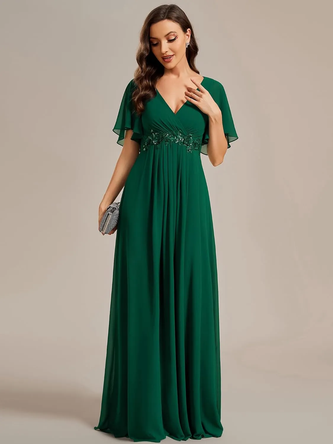 Ever-Pretty Women's Chiffon A-Line Ruched Short Sleeves Applique Waist V Neck Formal Dresses and Evening Gowns
