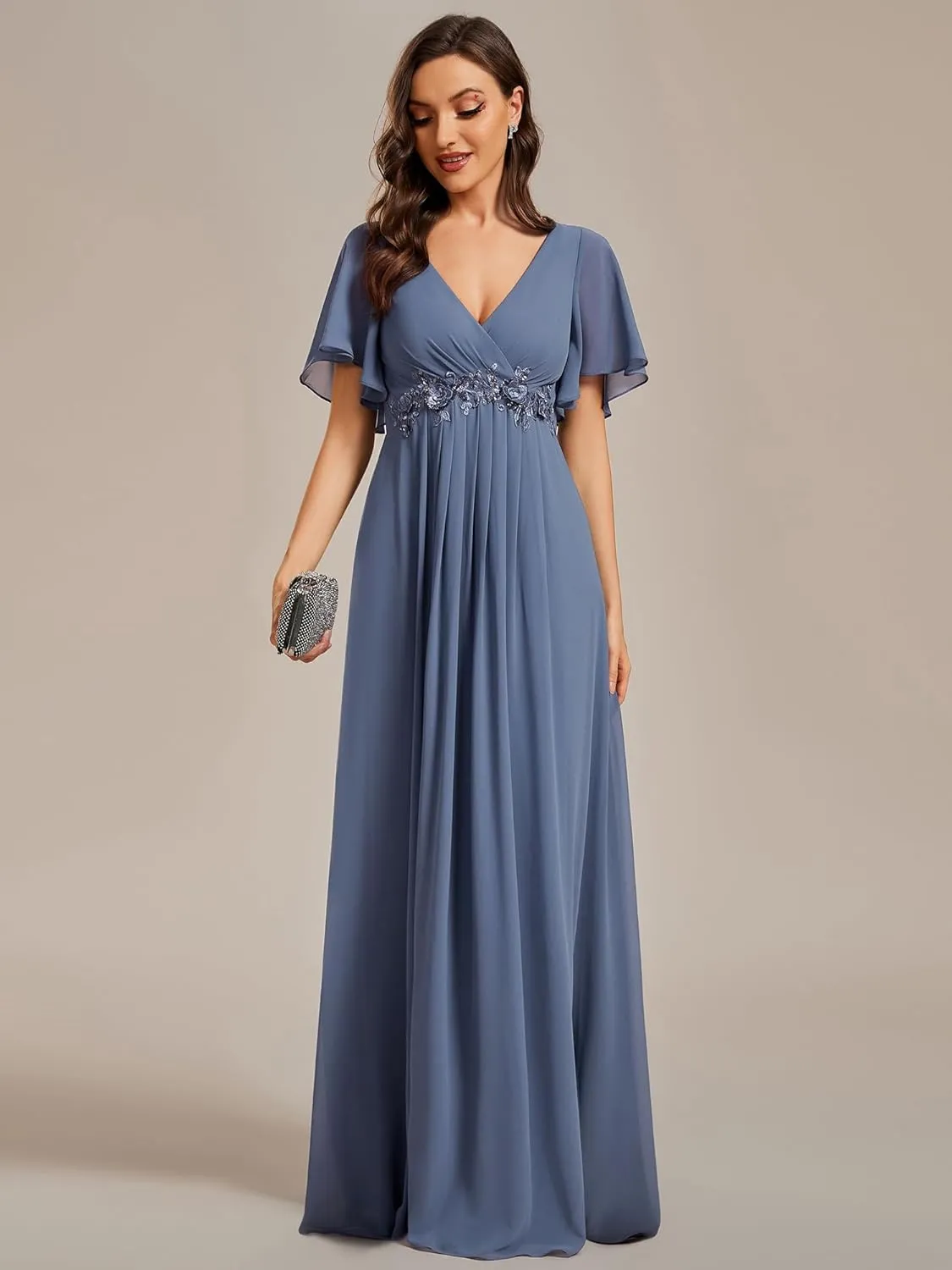 Ever-Pretty Women's Chiffon A-Line Ruched Short Sleeves Applique Waist V Neck Formal Dresses and Evening Gowns