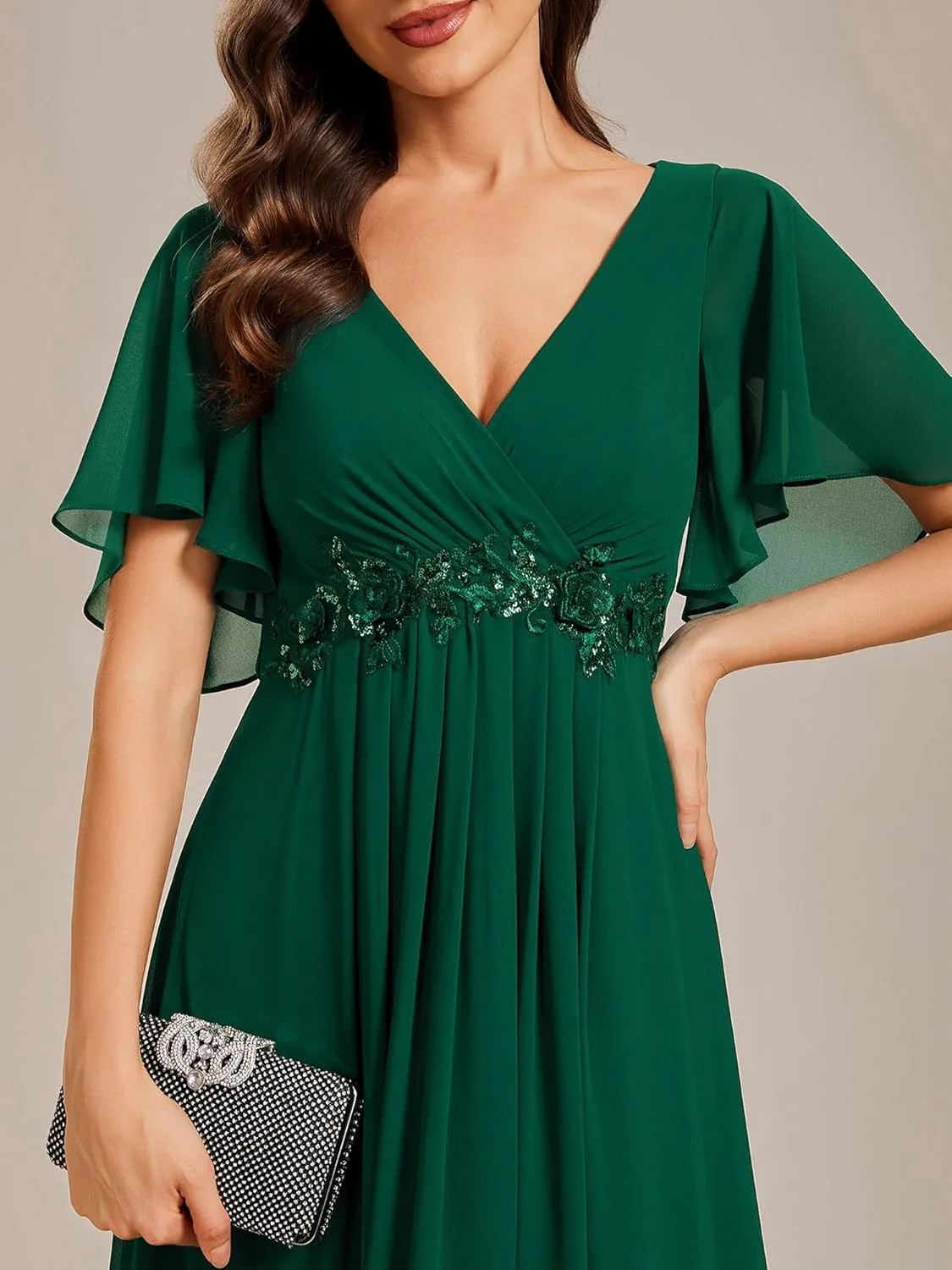 Ever-Pretty Women's Chiffon A-Line Ruched Short Sleeves Applique Waist V Neck Formal Dresses and Evening Gowns