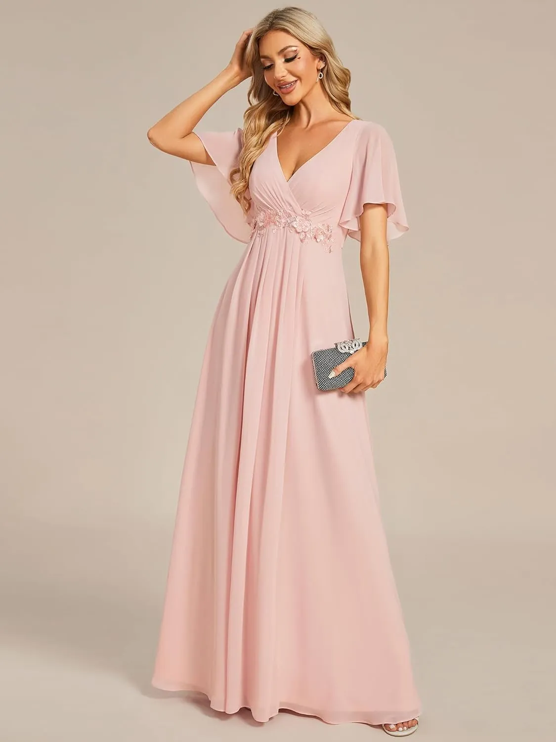 Ever-Pretty Women's Chiffon A-Line Ruched Short Sleeves Applique Waist V Neck Formal Dresses and Evening Gowns