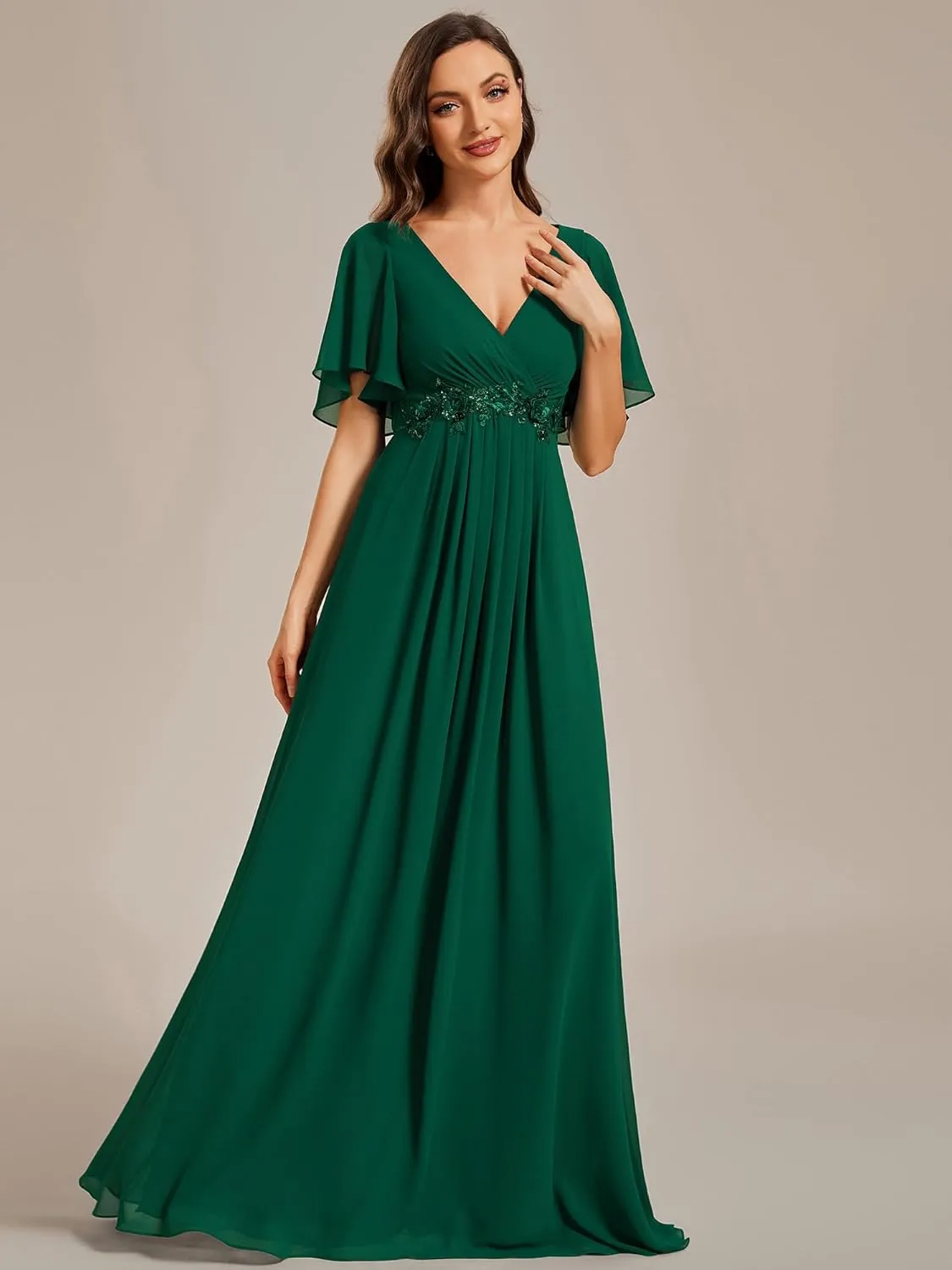 Ever-Pretty Women's Chiffon A-Line Ruched Short Sleeves Applique Waist V Neck Formal Dresses and Evening Gowns