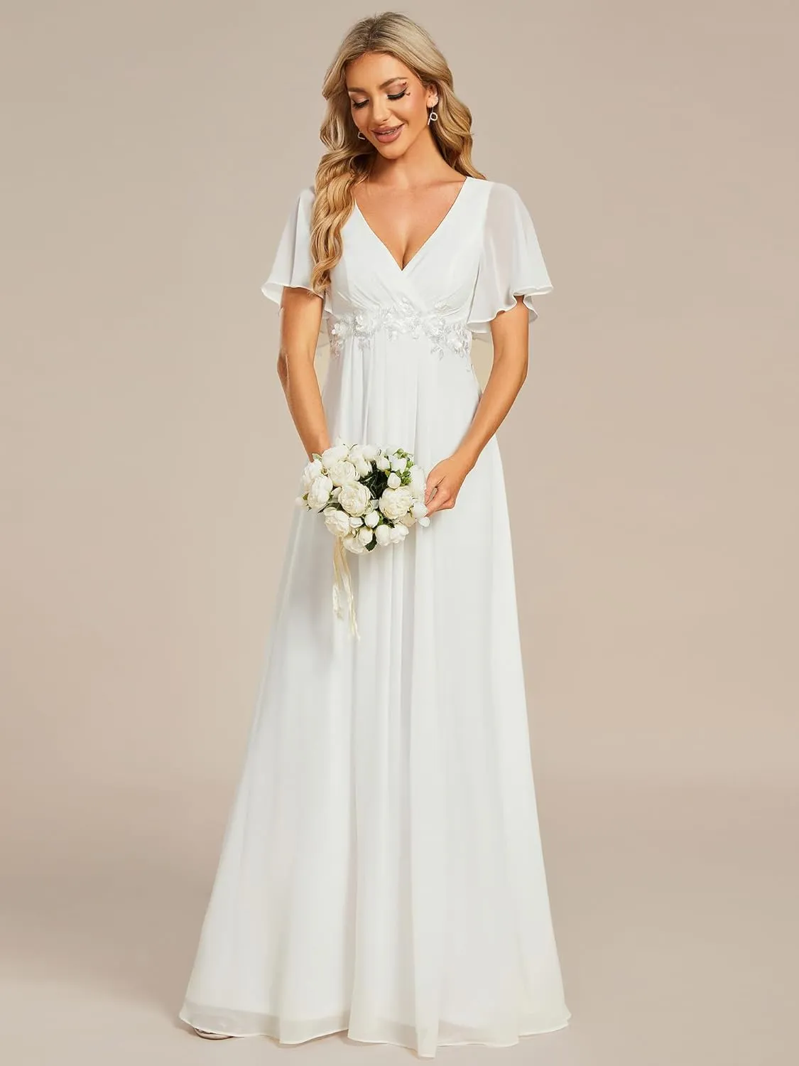 Ever-Pretty Women's Chiffon A-Line Ruched Short Sleeves Applique Waist V Neck Formal Dresses and Evening Gowns
