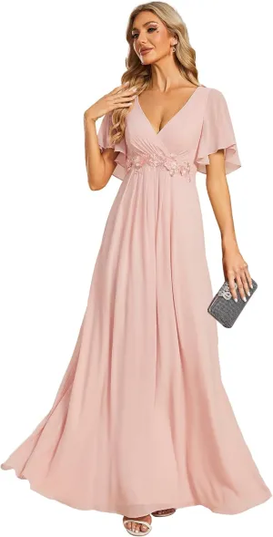 Ever-Pretty Women's Chiffon A-Line Ruched Short Sleeves Applique Waist V Neck Formal Dresses and Evening Gowns