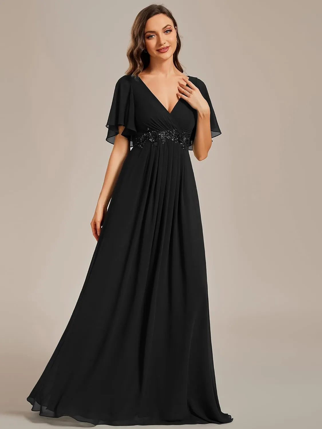Ever-Pretty Women's Chiffon A-Line Ruched Short Sleeves Applique Waist V Neck Formal Dresses and Evening Gowns
