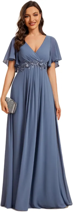 Ever-Pretty Women's Chiffon A-Line Ruched Short Sleeves Applique Waist V Neck Formal Dresses and Evening Gowns