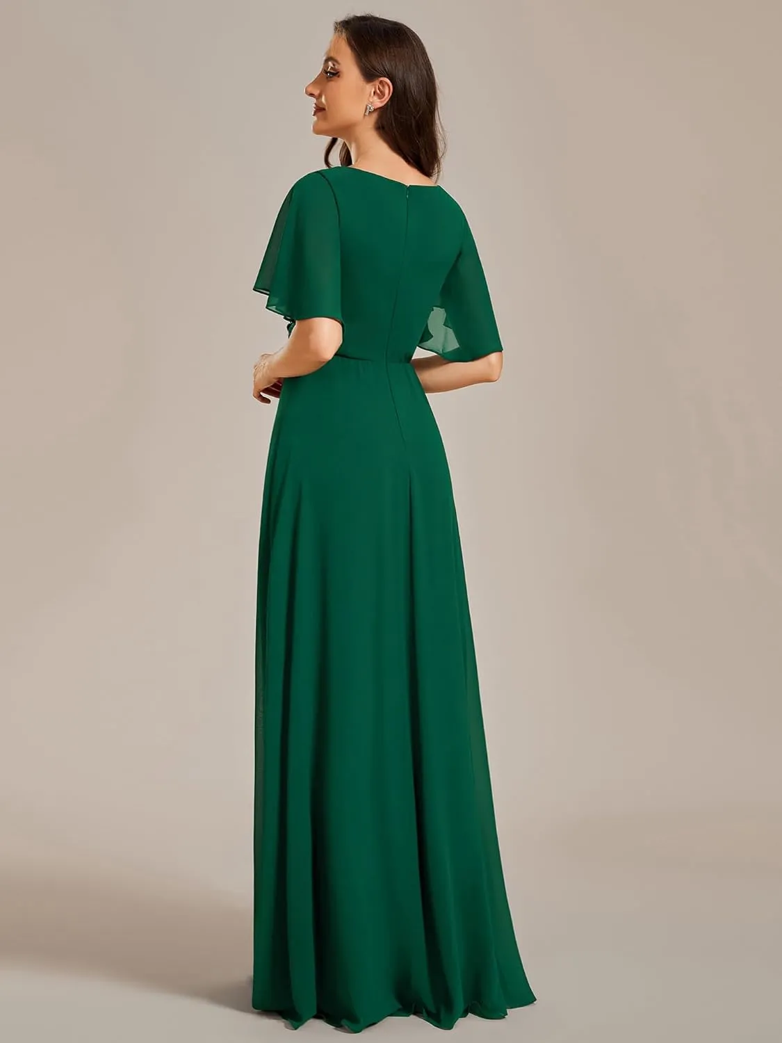 Ever-Pretty Women's Chiffon A-Line Ruched Short Sleeves Applique Waist V Neck Formal Dresses and Evening Gowns
