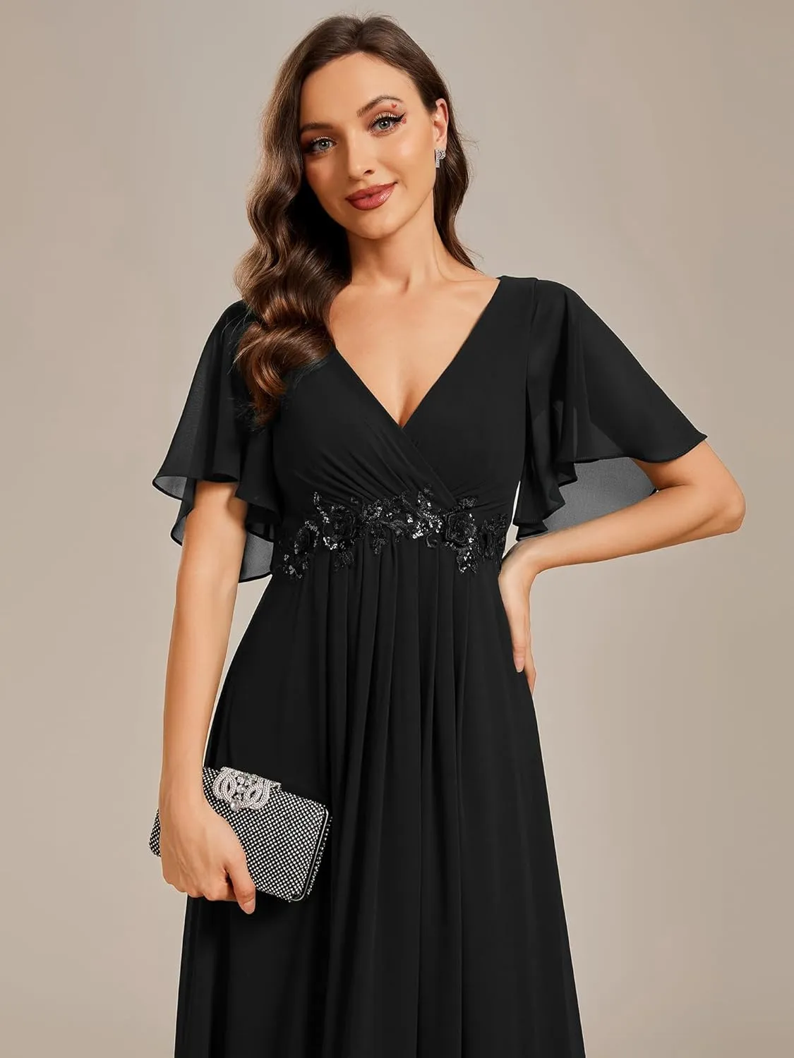 Ever-Pretty Women's Chiffon A-Line Ruched Short Sleeves Applique Waist V Neck Formal Dresses and Evening Gowns