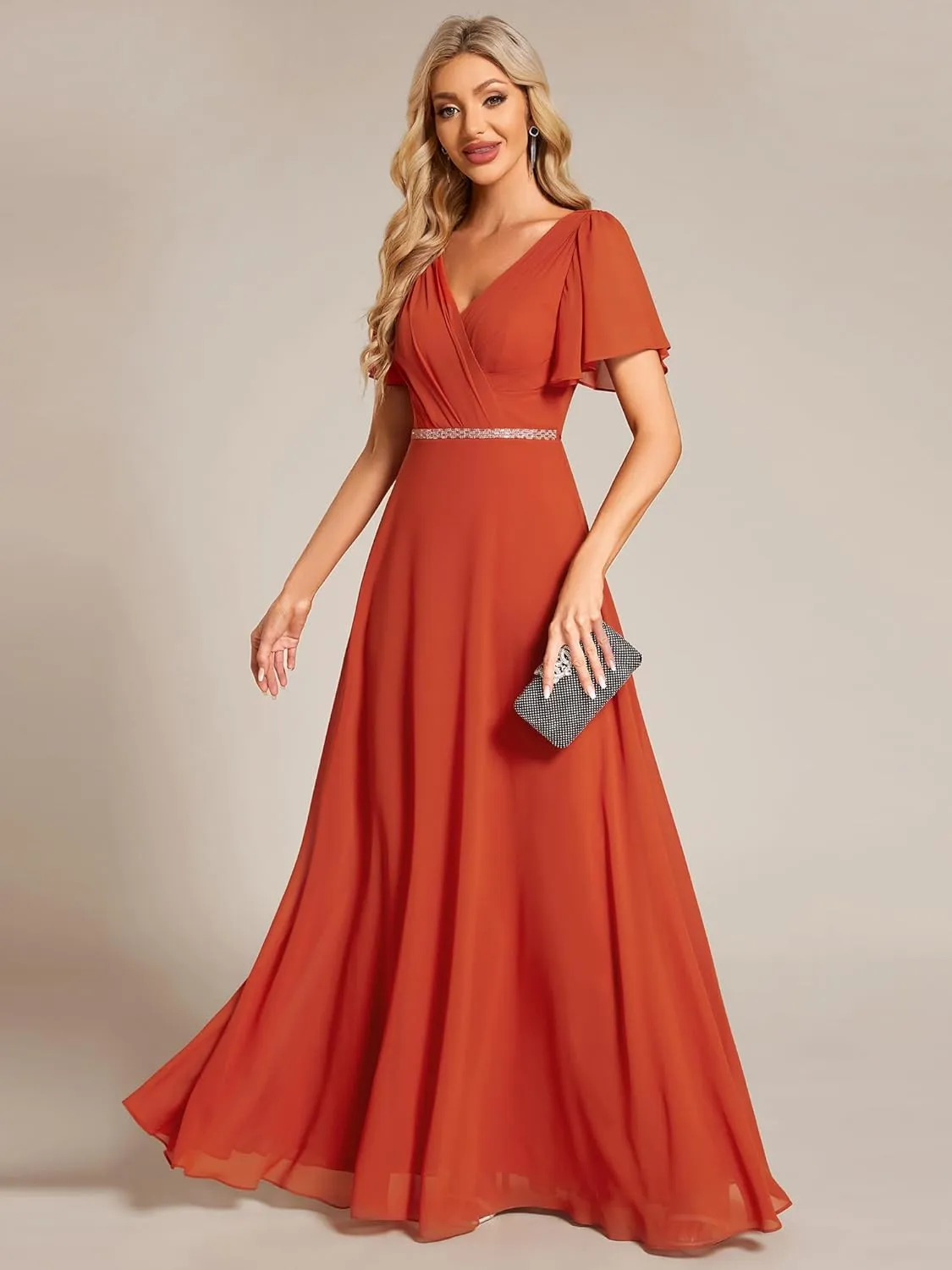 Ever-Pretty Women's Chiffon Formal Dress A-Line V Neck Ruffle Sleeves Floor Length Evening Gown 11981