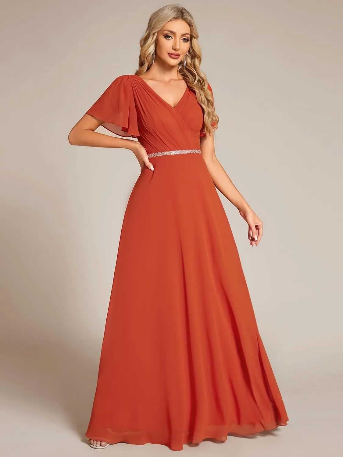 Ever-Pretty Women's Chiffon Formal Dress A-Line V Neck Ruffle Sleeves Floor Length Evening Gown 11981