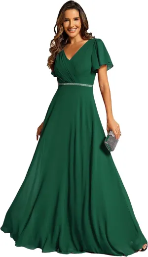 Ever-Pretty Women's Chiffon Formal Dress A-Line V Neck Ruffle Sleeves Floor Length Evening Gown 11981