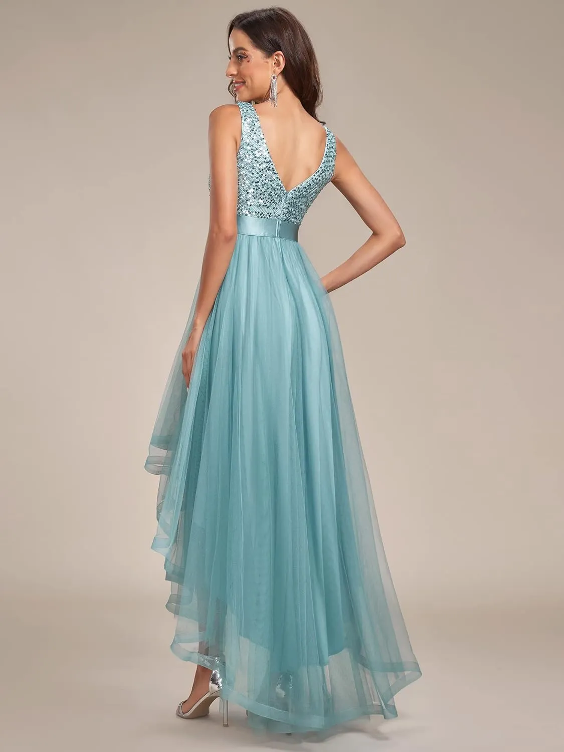 Ever-Pretty Women's Cocktail Dress Double V-Neck Sleeveless Empire Waist Sequin High Low Tulle Formal Dress 0147A