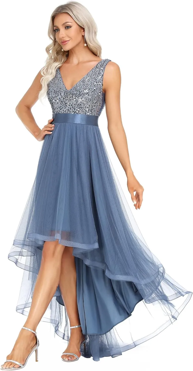 Ever-Pretty Women's Cocktail Dress Double V-Neck Sleeveless Empire Waist Sequin High Low Tulle Formal Dress 0147A
