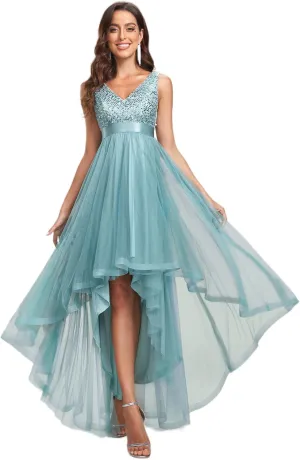Ever-Pretty Women's Cocktail Dress Double V-Neck Sleeveless Empire Waist Sequin High Low Tulle Formal Dress 0147A