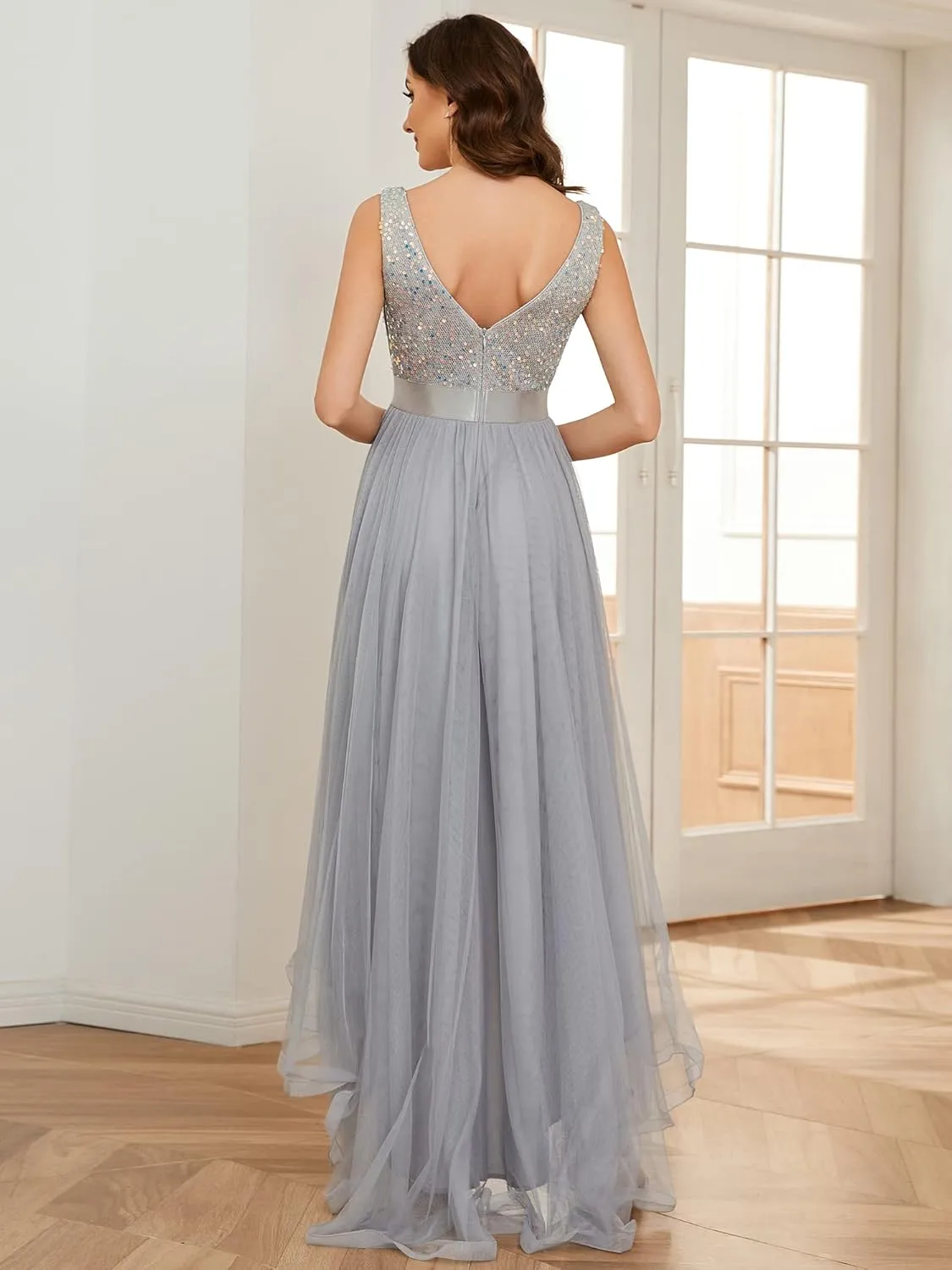 Ever-Pretty Women's Cocktail Dress Double V-Neck Sleeveless Empire Waist Sequin High Low Tulle Formal Dress 0147A